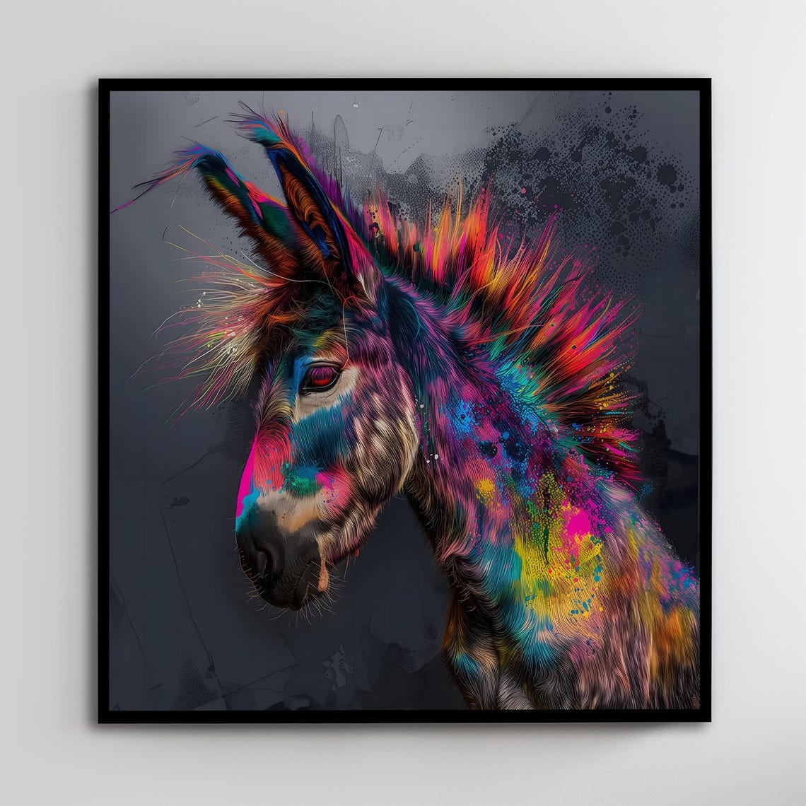 Vibrant Abstract Donkey Portrait Rainbow Paint Splash Modern Wall Art