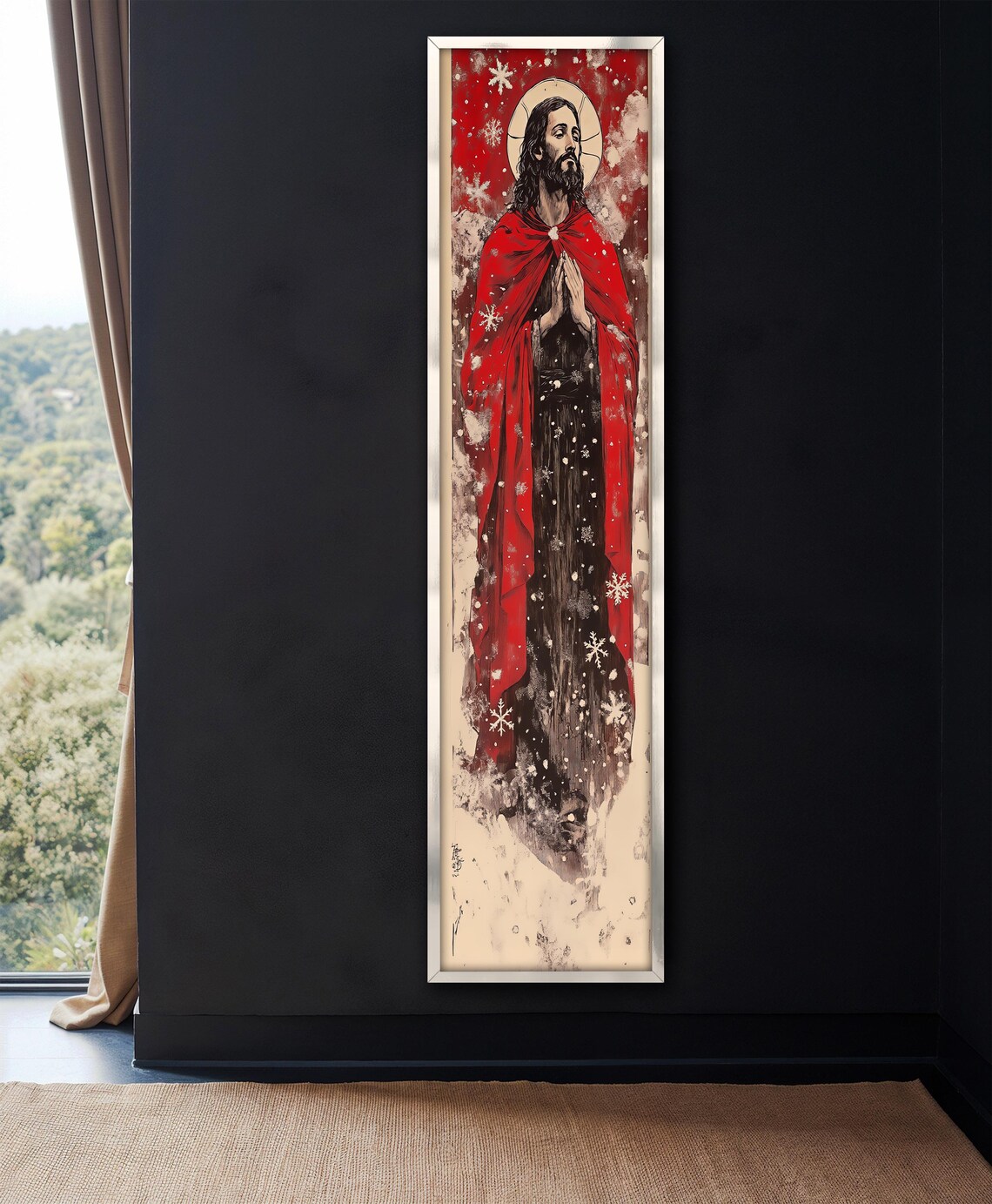 Jesus Praying Red Cloak Snowfall Halo Faith Narrow Christian Wall Poster - Image 4