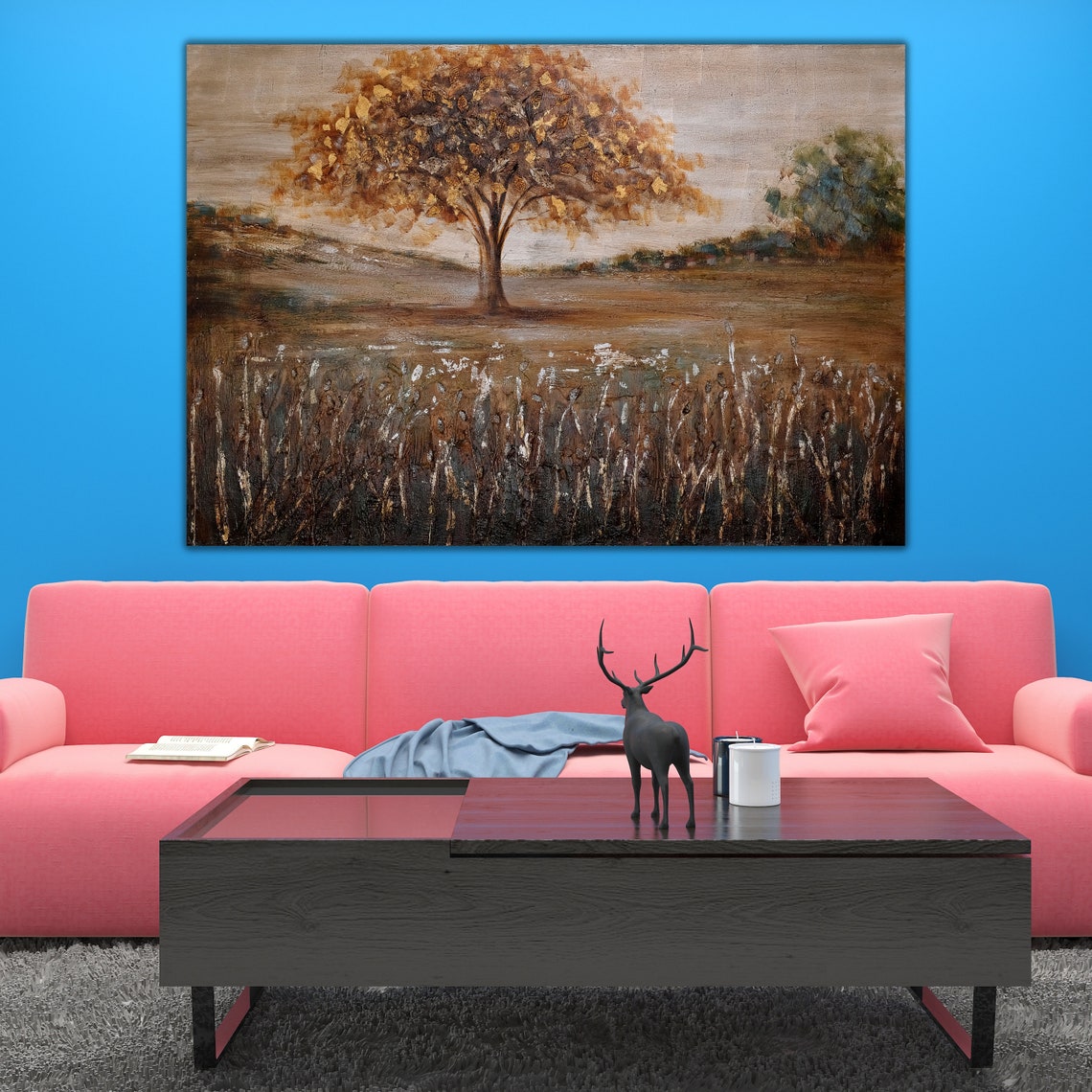 Golden Autumn Tree Field Textured Earth Tone Landscape Art Poster - Image 2
