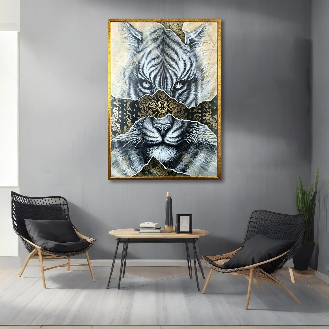 White Tiger Eyes Torn Paper Black Gold Damask Elegant Wildlife Poster - Image 4