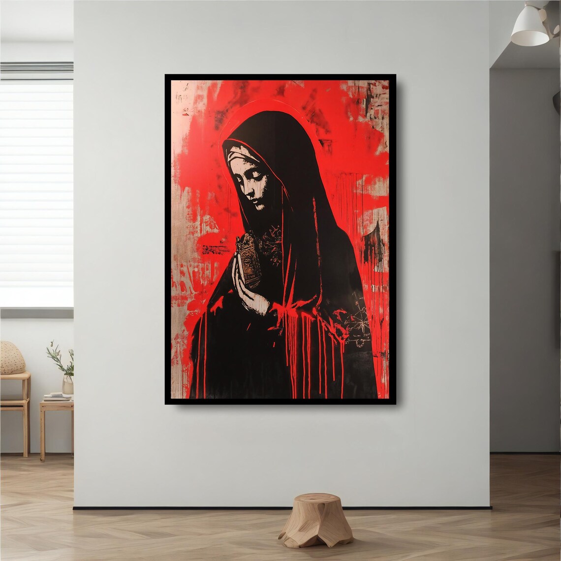 Virgin Mary Graffiti Street Art Bold Red Black Urban Faith Wall Poster - Image 2