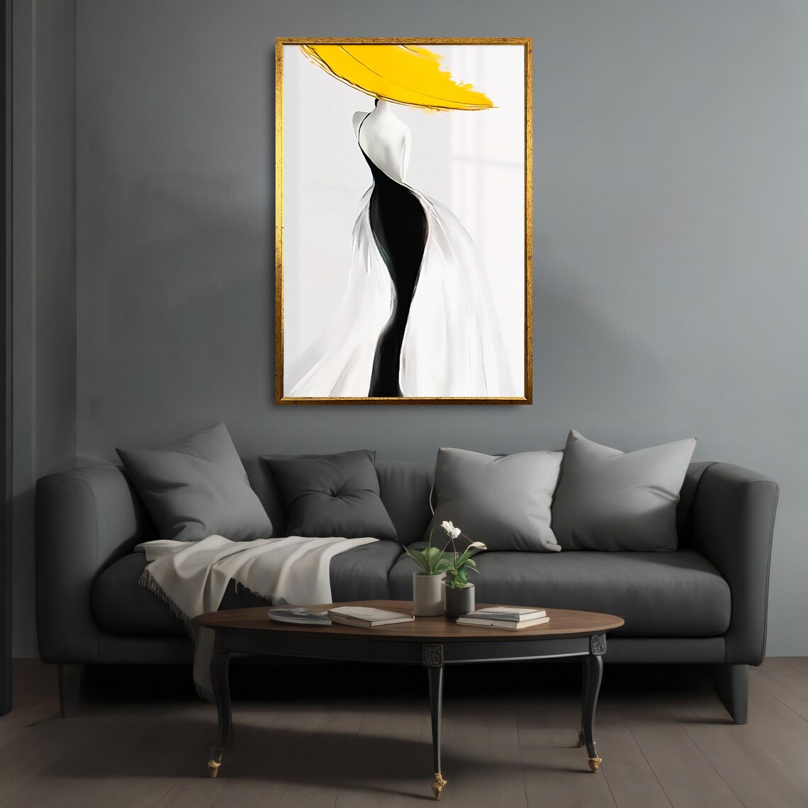 Minimalist Fashion Woman Yellow Hat Elegant Black White Abstract Art Poster - Image 4