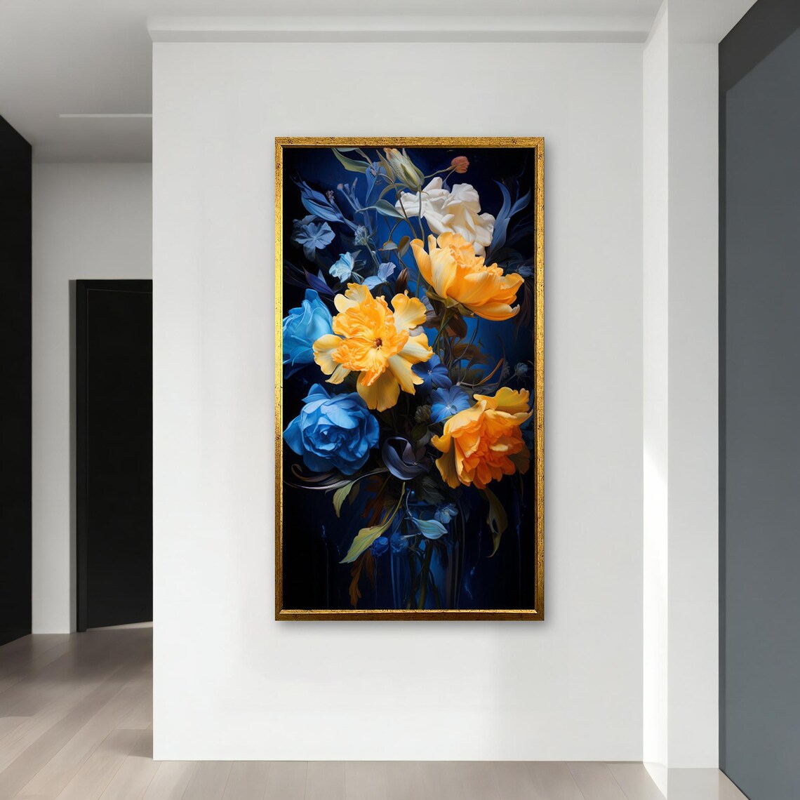 Vibrant Yellow Peony Blue Rose Dark Botanical Painting Art Poster - Image 4