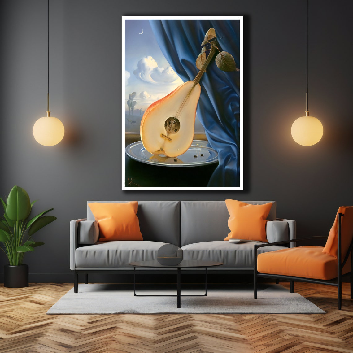 Surrealist Pear Lute Still Life Blue Drapery Dreamscape Poster - Image 3