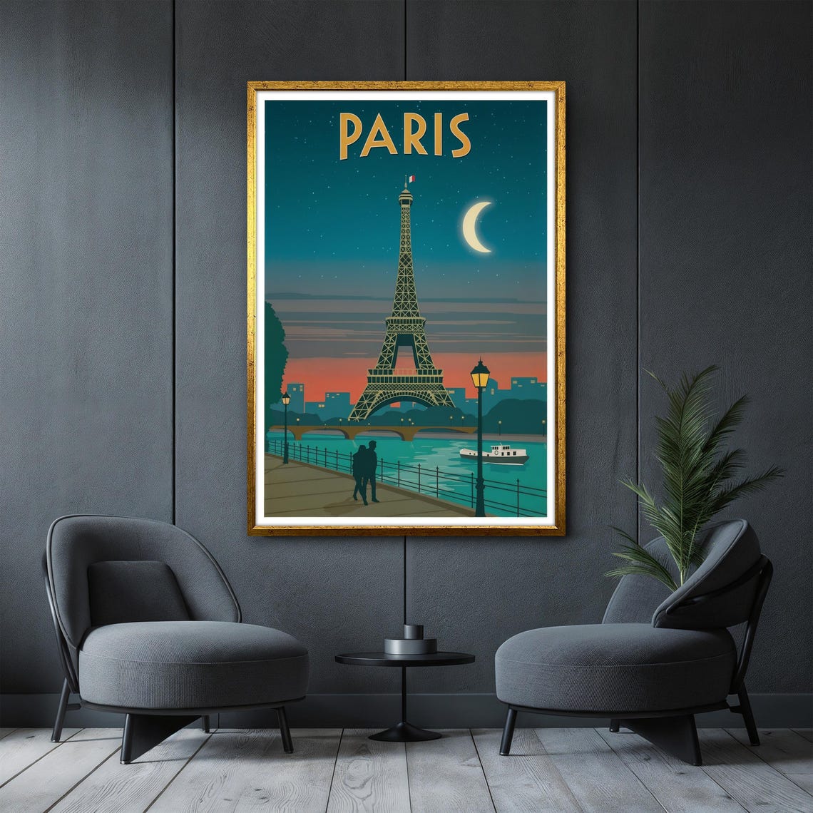 Vintage Paris Eiffel Tower Night Crescent Moon Seine Romance Poster - Image 4