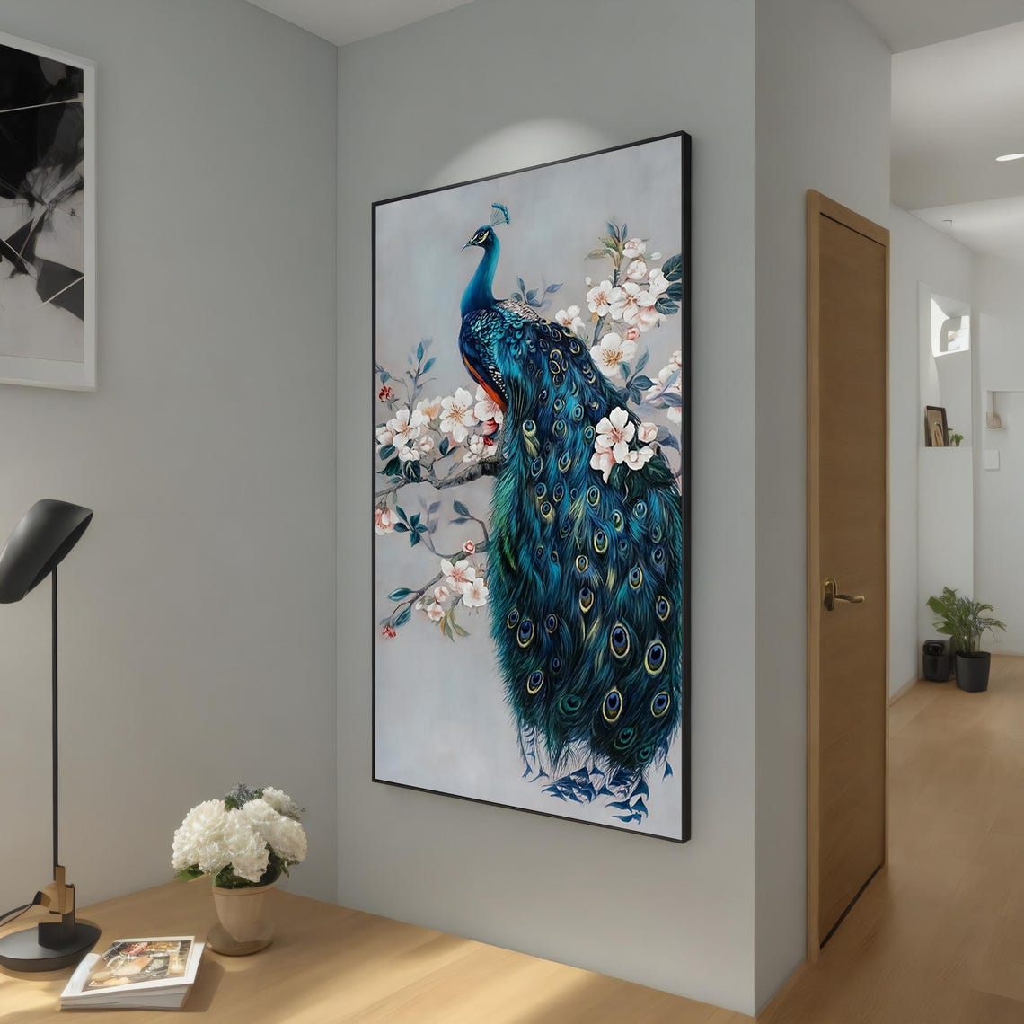 Elegant Peacock Perched on Cherry Blossom Branch Floral Art Poster