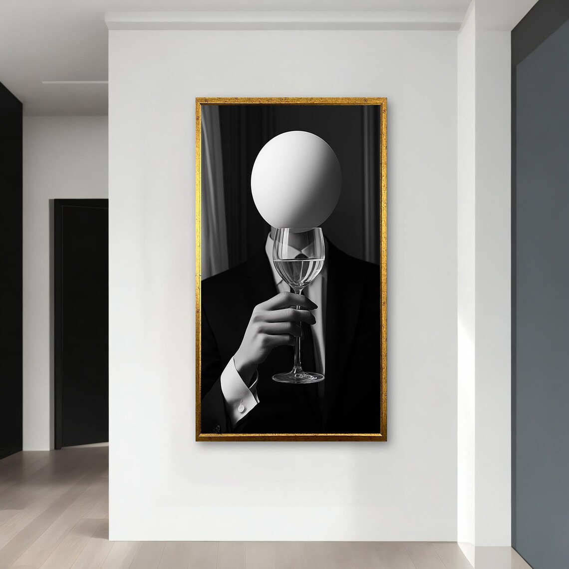 Faceless Man In Suit Holding Wine Glass Black White Surreal Art Poster - Image 4