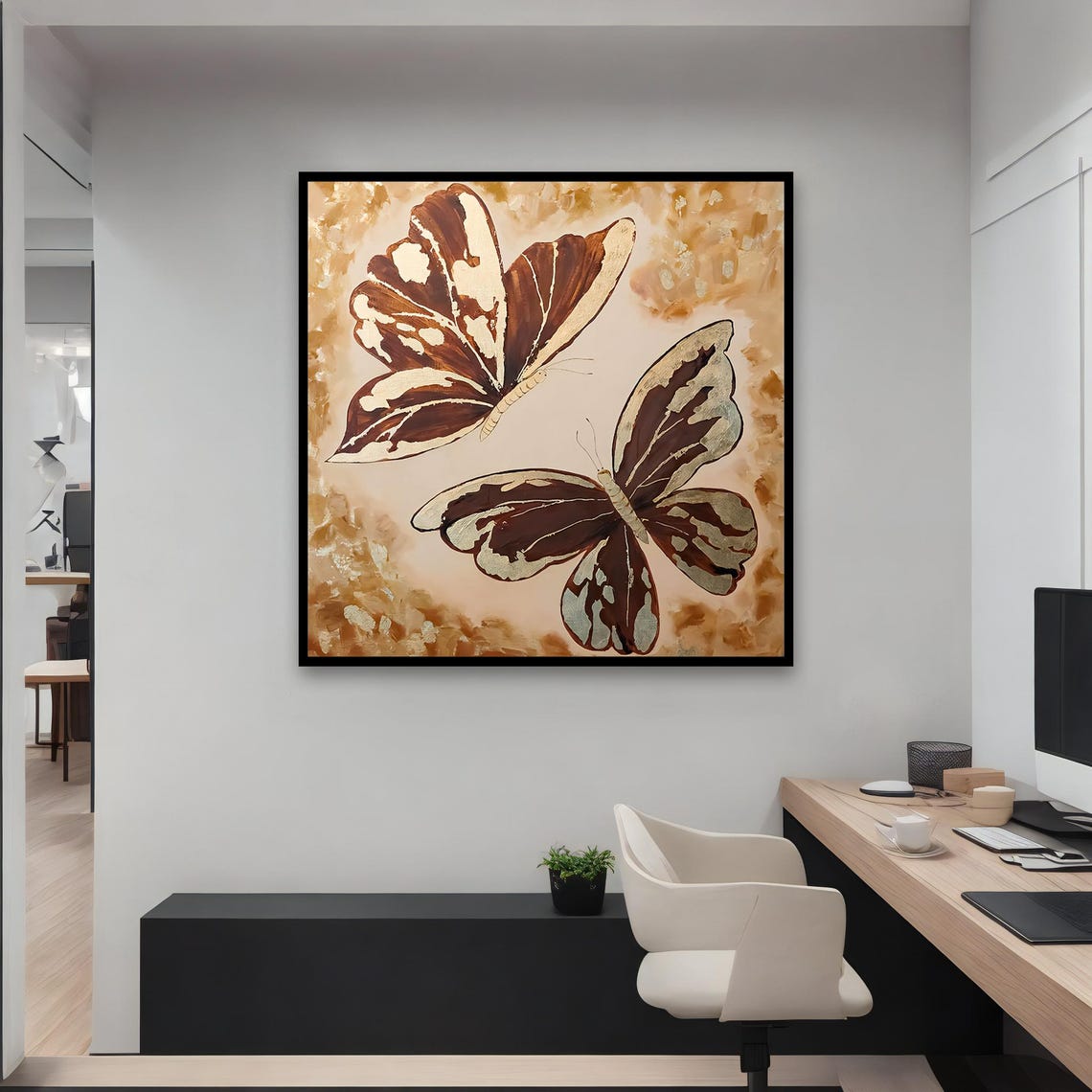 Two Brown Butterflies Gold Accents Warm Beige Nature Art Poster - Image 3