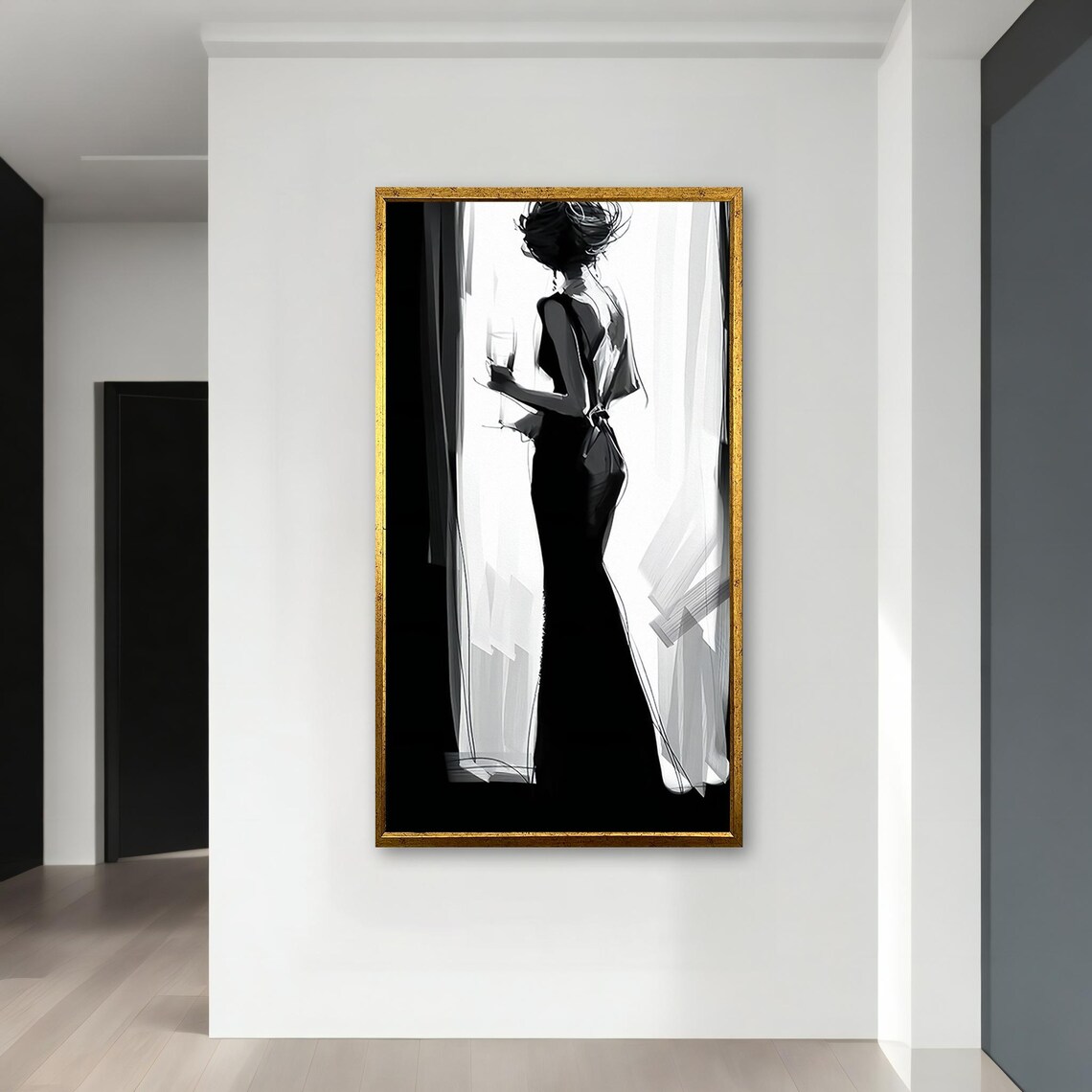 Black White Elegant Woman Gown Champagne Fashion Silhouette Art Poster - Image 4