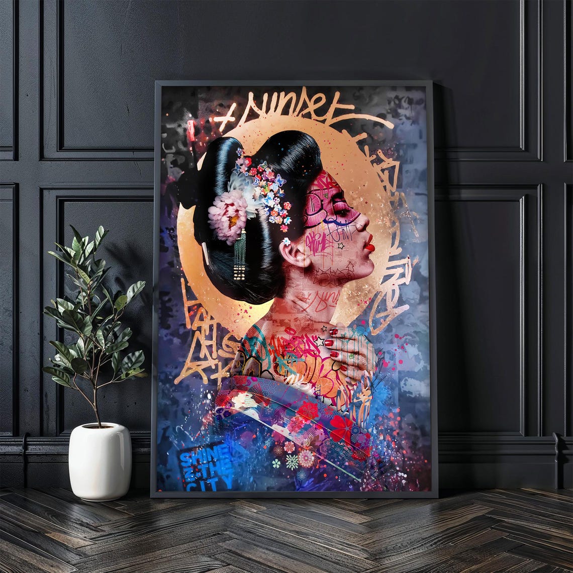 Geisha Graffiti Sunset Gold Japanese Street Art Modern Wall Art