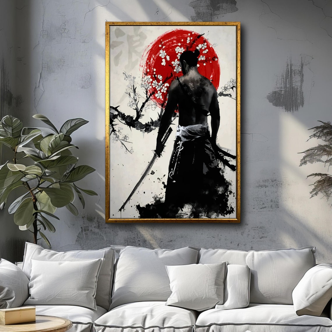 Samurai Silhouette Red Sun Cherry Blossom Japanese Ink Art Poster - Image 3