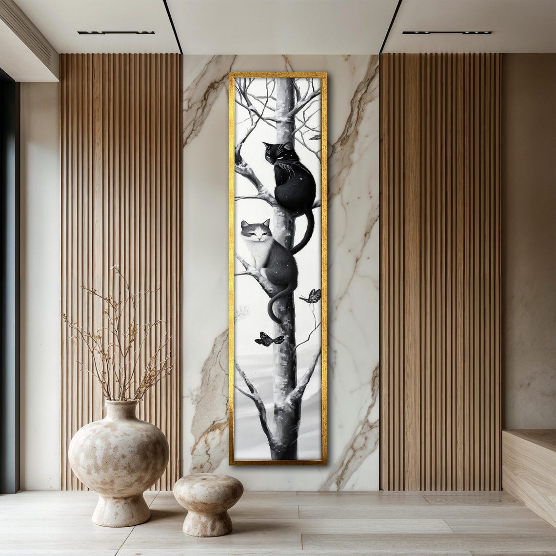 Black White Cat on Birch Tree With Butterflies Vertical Art Poster