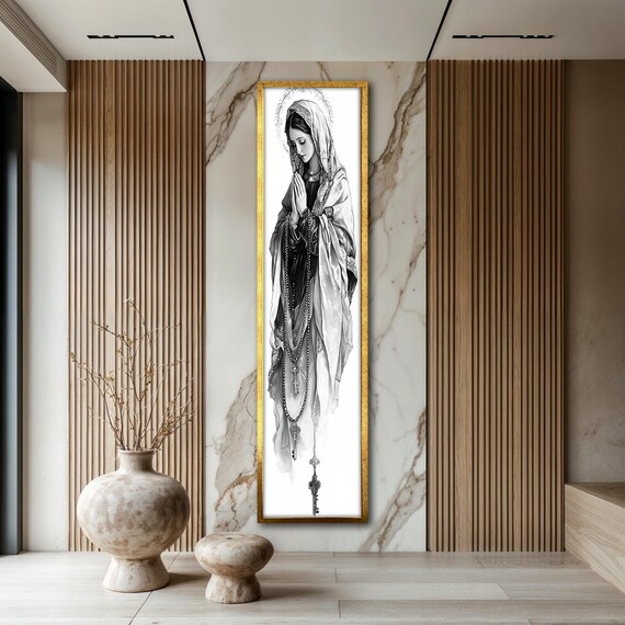Virgin Mary Praying Rosary Black White Religious Vertical Art Poster