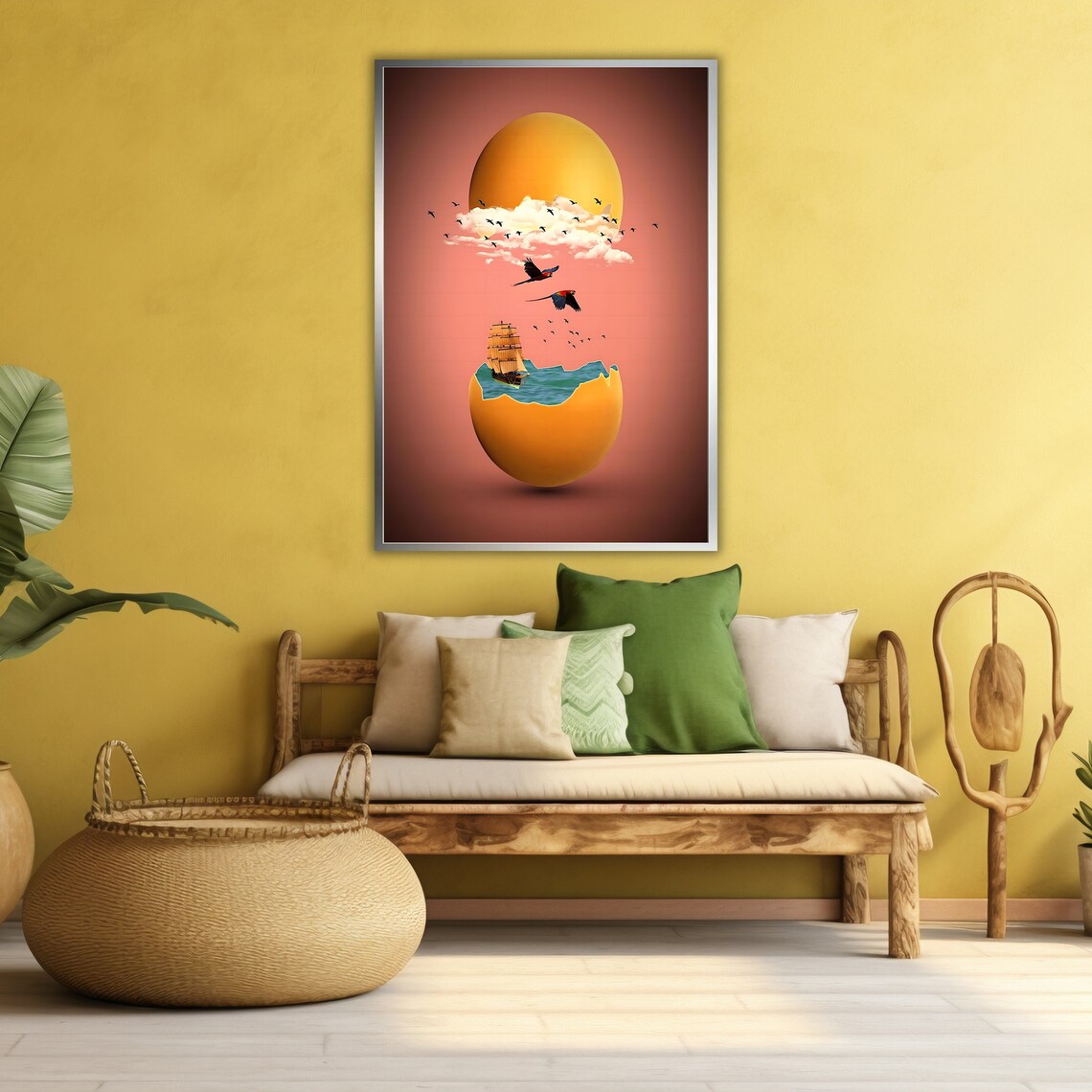 Surreal Giant Golden Egg Ship Ocean Birds Sunset Surrealism Art Poster - Image 3