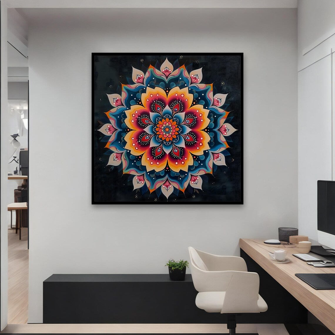 Colorful Floral Mandala Orange Pink Blue On Black Bohemian Zen Wall Poster - Image 4