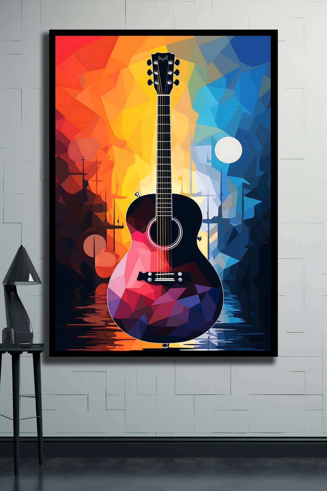 Geometric Low Poly Acoustic Guitar Sunset Sunrise Music Wall Art Poster - Image 2
