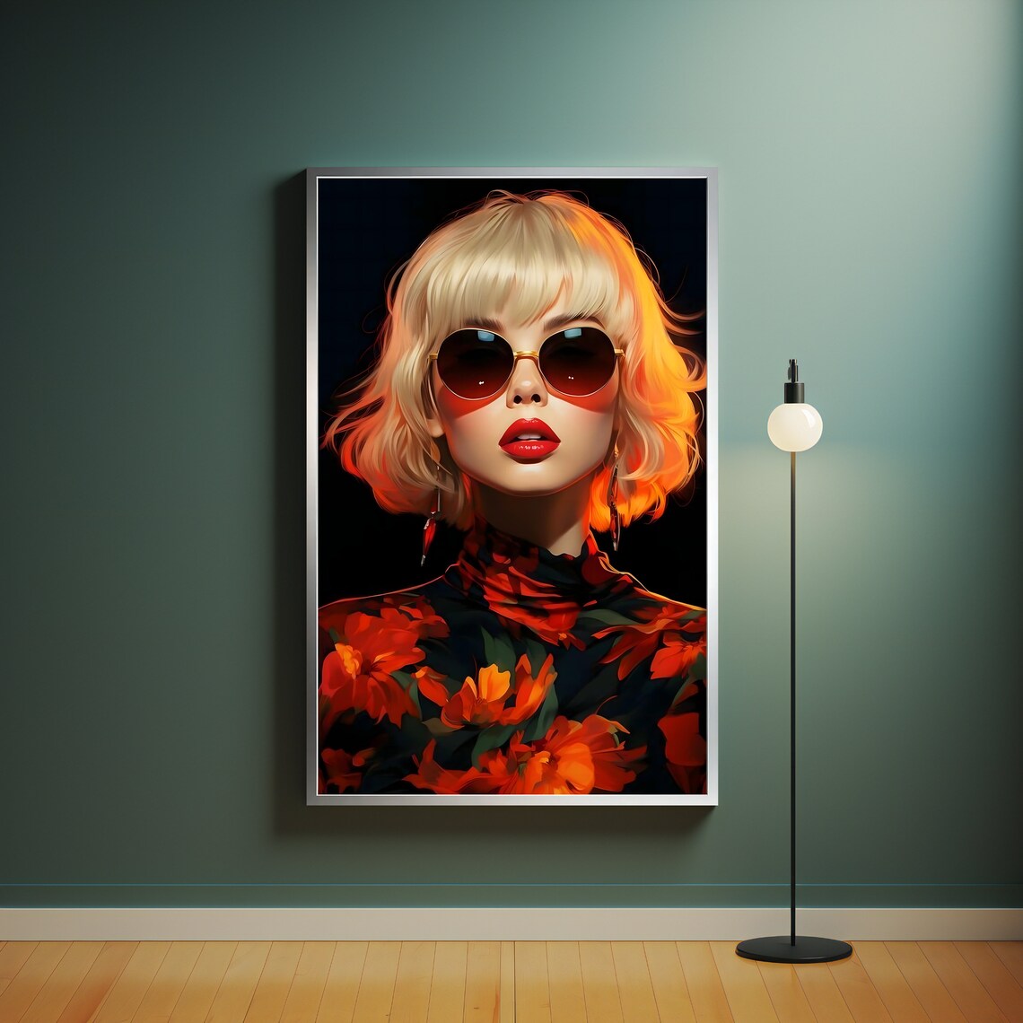 Blonde Woman Round Sunglasses Red Floral Top Neon Fashion Portrait Poster - Image 4