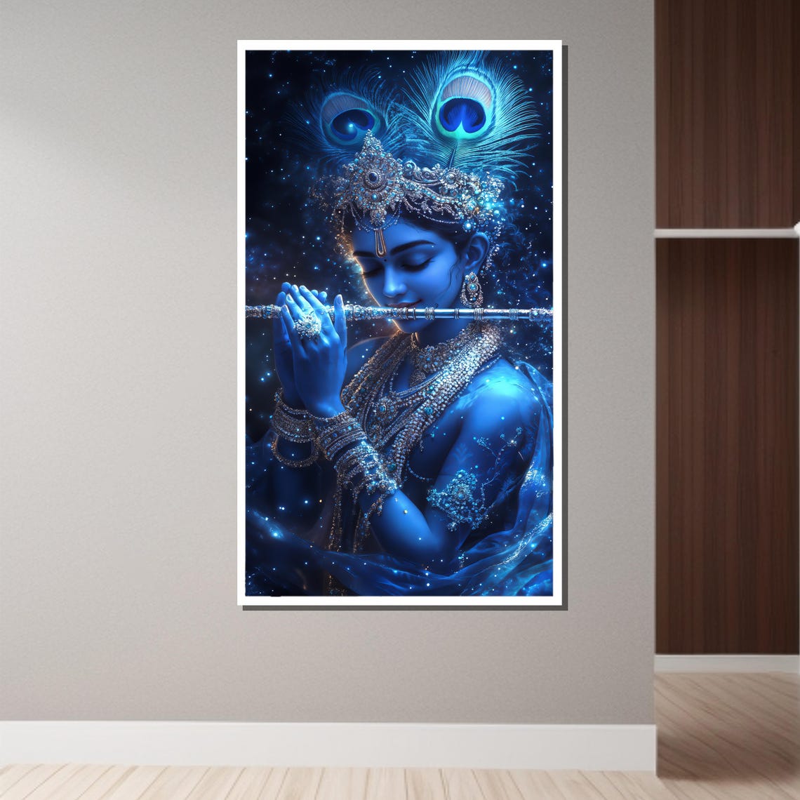 Lord Krishna Playing Flute Cosmic Night Peacock Feather Art Print - Image 2