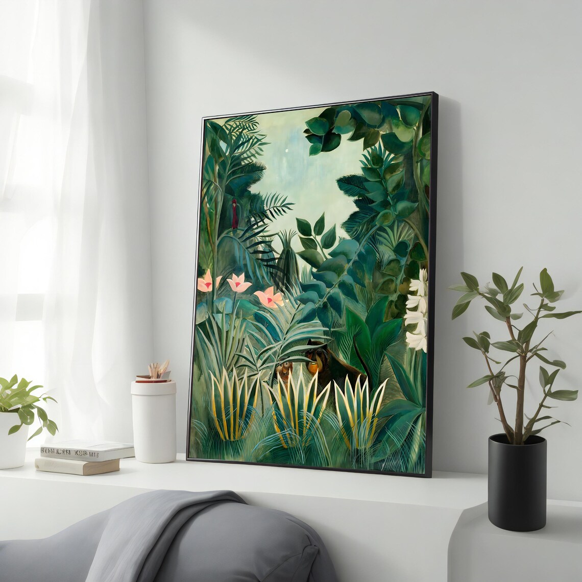 Rousseau Style Tropical Jungle Wild Cat Flowers Vintage Art Poster