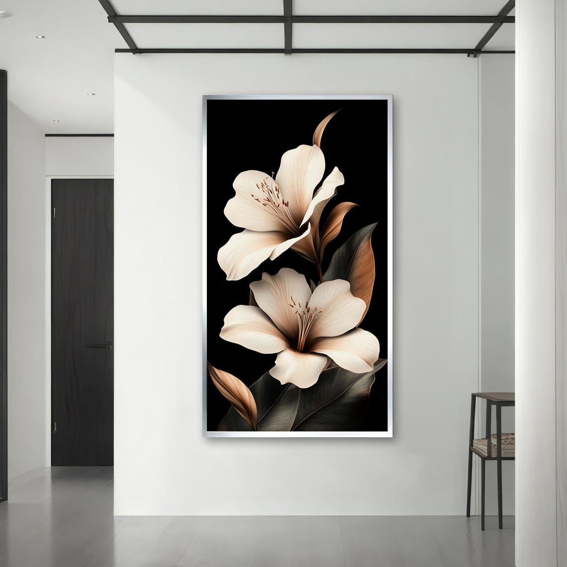 Elegant Beige Flowers On Black Minimalist Botanical Floral Art Poster - Image 3