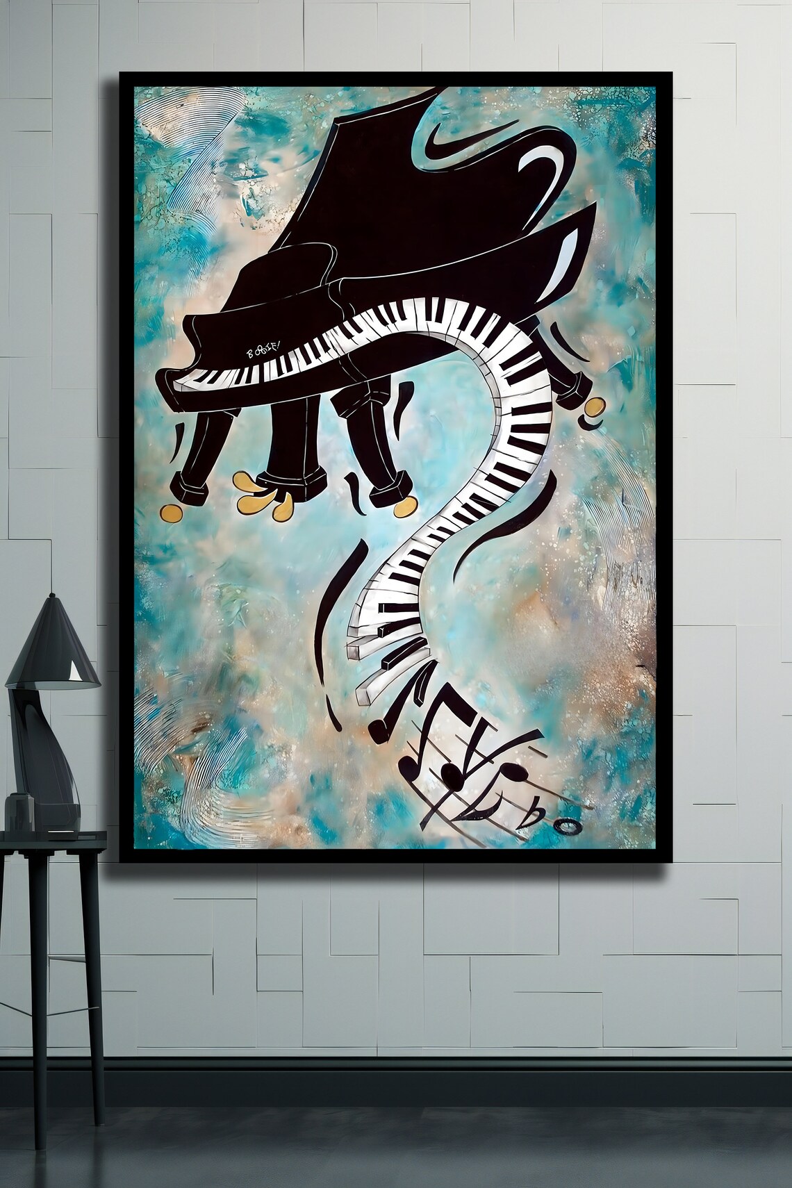 Surreal Melting Grand Piano Keyboard Music Notes Turquoise Art Poster - Image 2