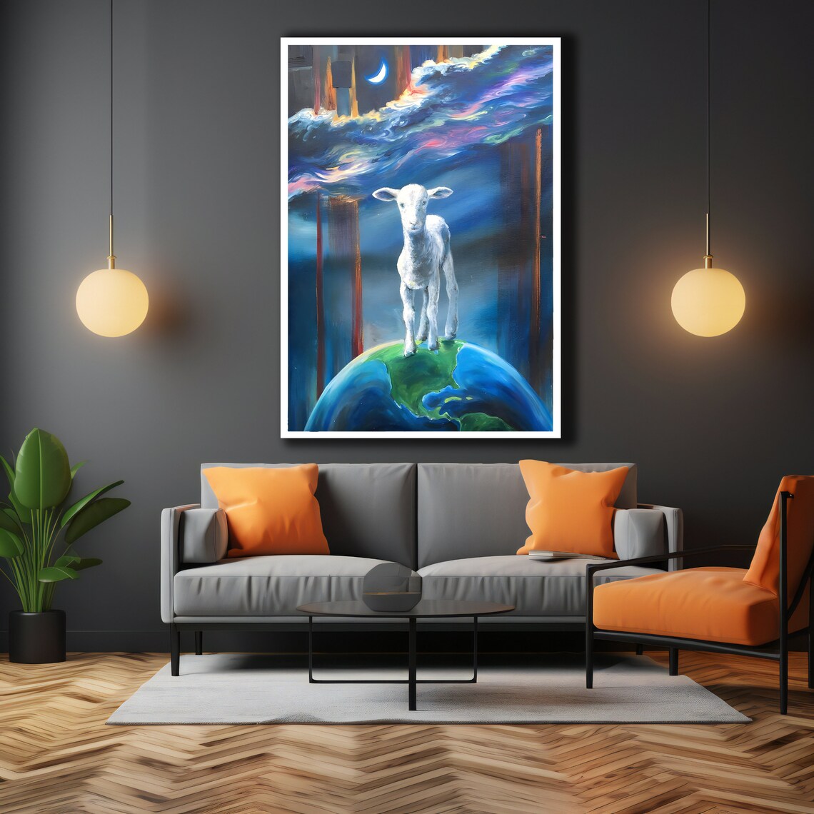 Surreal Lamb Standing On Earth Globe Night Sky Crescent Moon Art Poster - Image 3