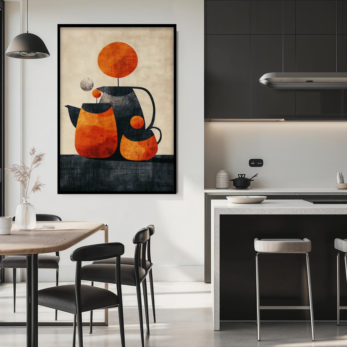 Mid Century Modern Abstract Teapot Geometric Orange Kitchen Wall Art - Image 2