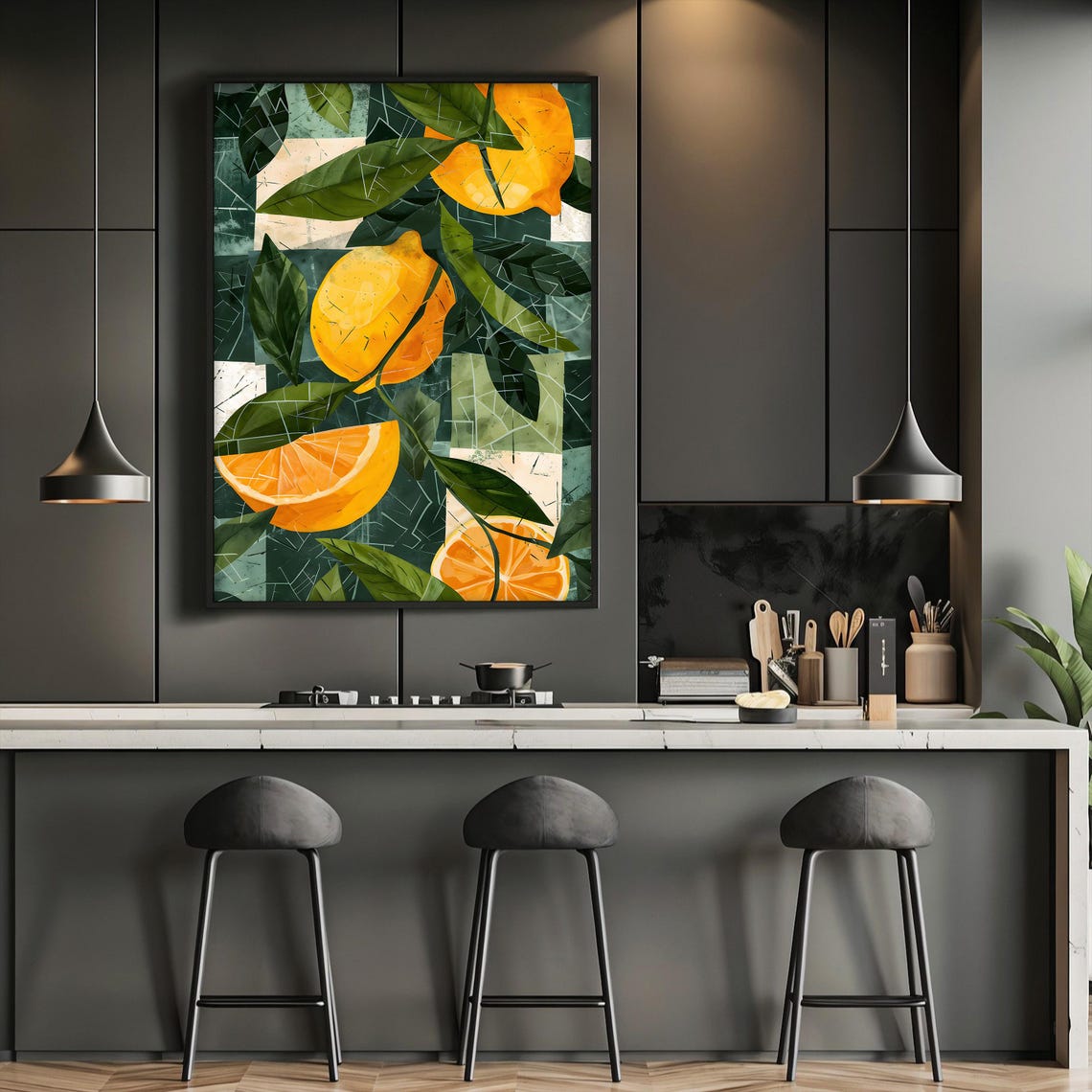 Lemon and Orange Citrus Branches Modern Botanical Kitchen Wall Art