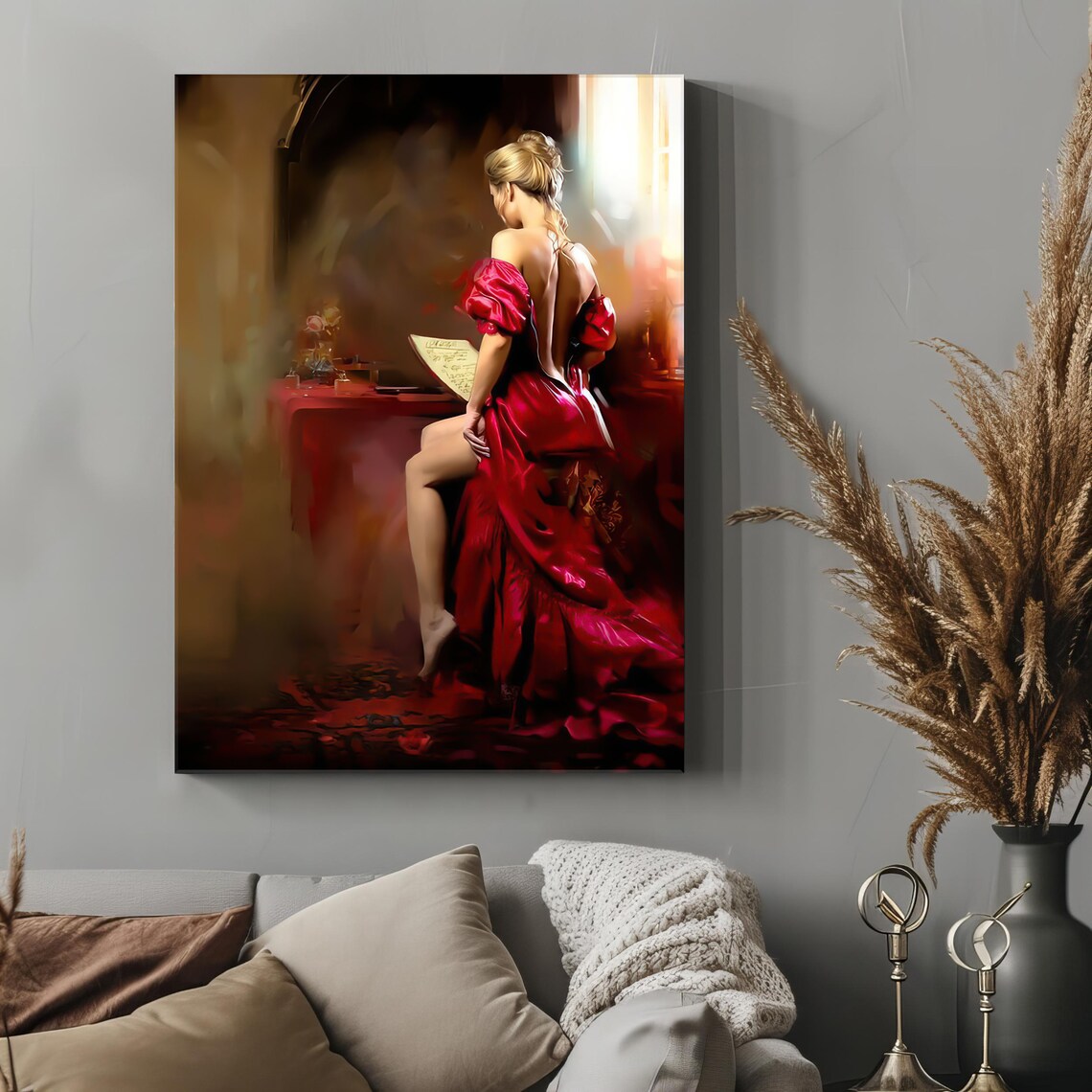 Elegant Woman In Red Satin Gown Seated Reading Letter Art Wall Poster - Image 4