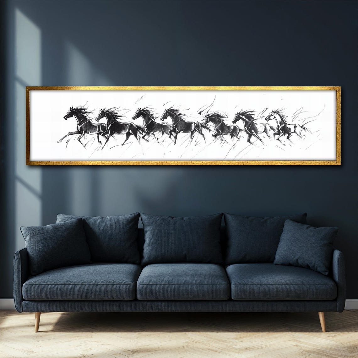 Seven Running Horses Black White Panoramic Sketch Art Poster