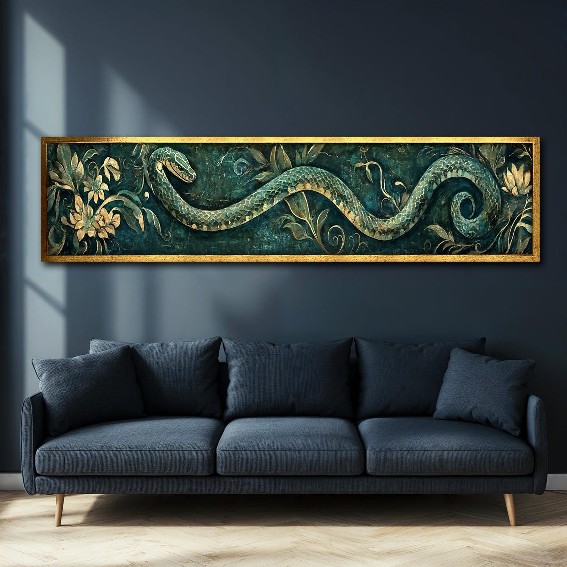 Emerald Green Snake Gold Botanical Flowers Panoramic Wall Art Poster