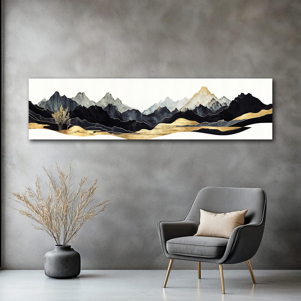 Black Gold Mountain Peaks Panoramic Modern Abstract View Poster - Image 2