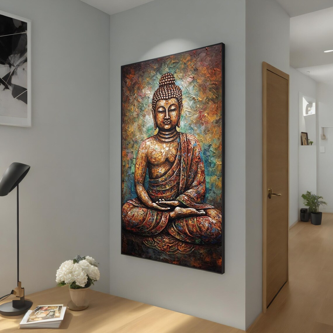 Meditating Buddha Textured Gold Oil Painting Spiritual Wall Art Poster