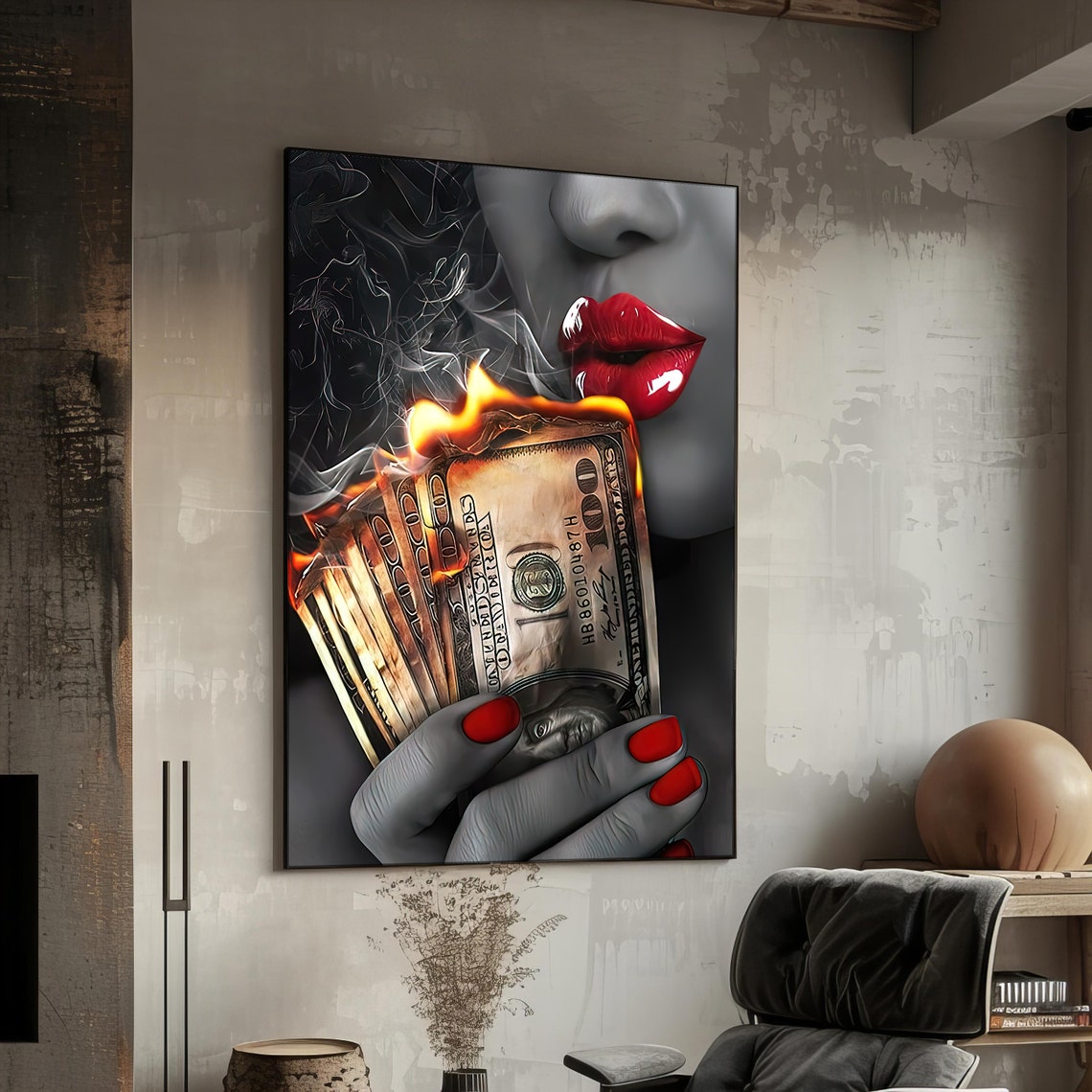 Stylish Print Artwork Room Decor Red Lipstick Burning Moneys Black And White Luxury Home Decor Piece Gift Idea