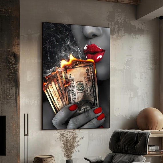 Stylish Print Artwork Room Decor Red Lipstick Burning Moneys Black And White Luxury Home Decor Piece Gift Idea