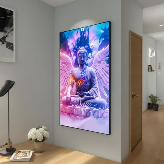Winged Buddha Meditating With Angel Wings Purple Temple Spiritual Energy Poster