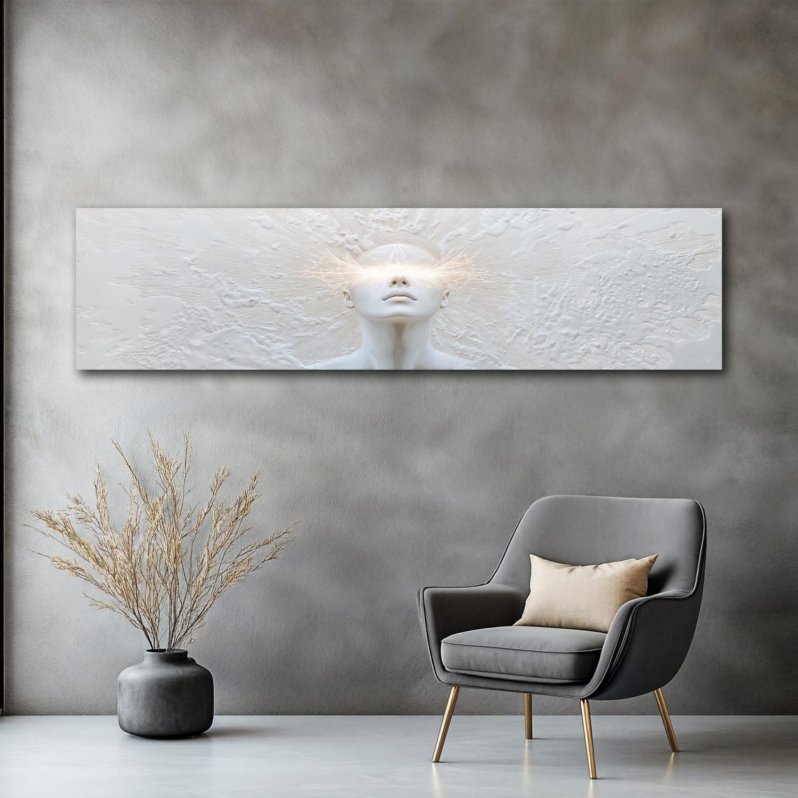 White 3D Face Relief Glowing Eyes Texture Panoramic Wall Art Poster - Image 2