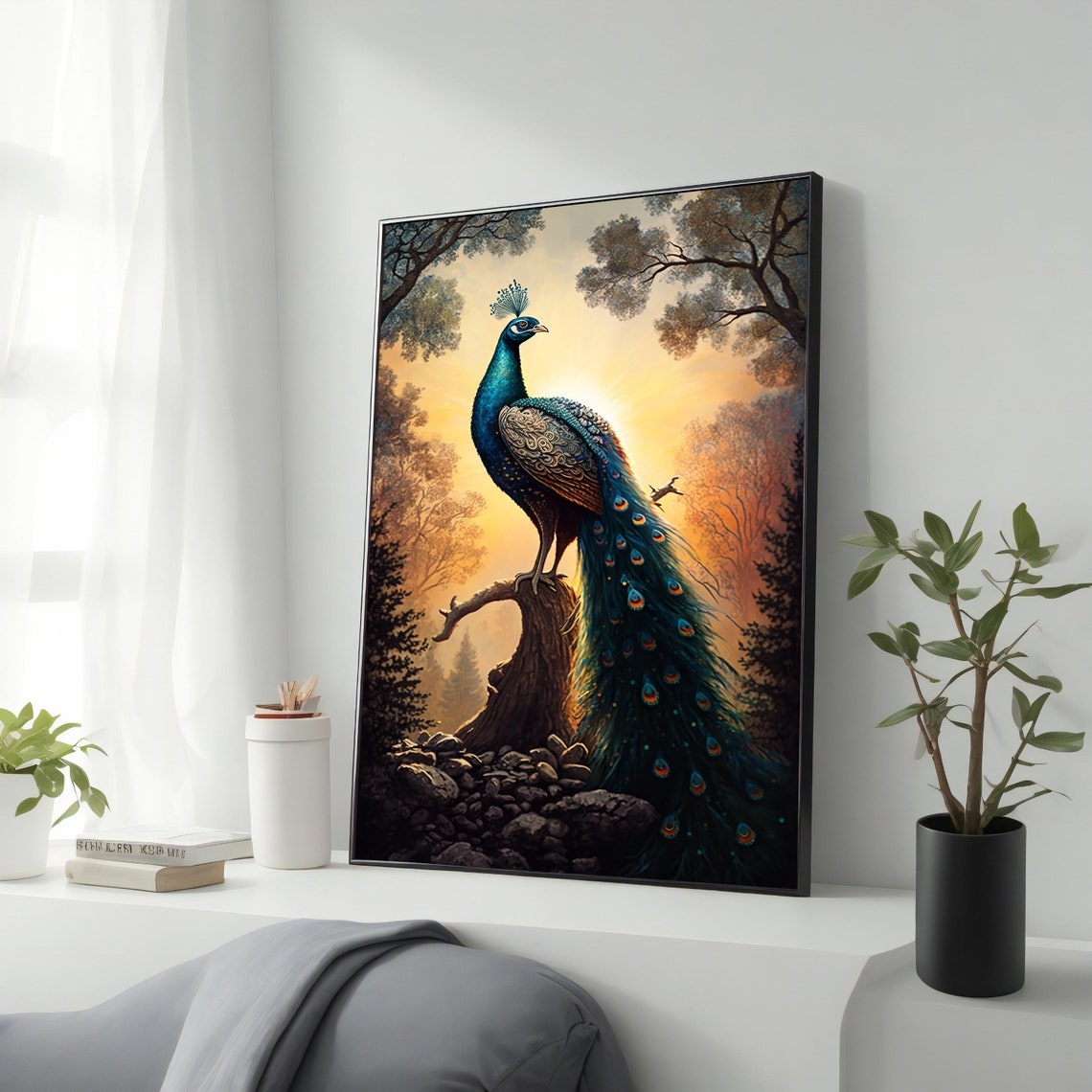 Blue Peacock Perched On Forest Branch Golden Sunset Animal Art Poster