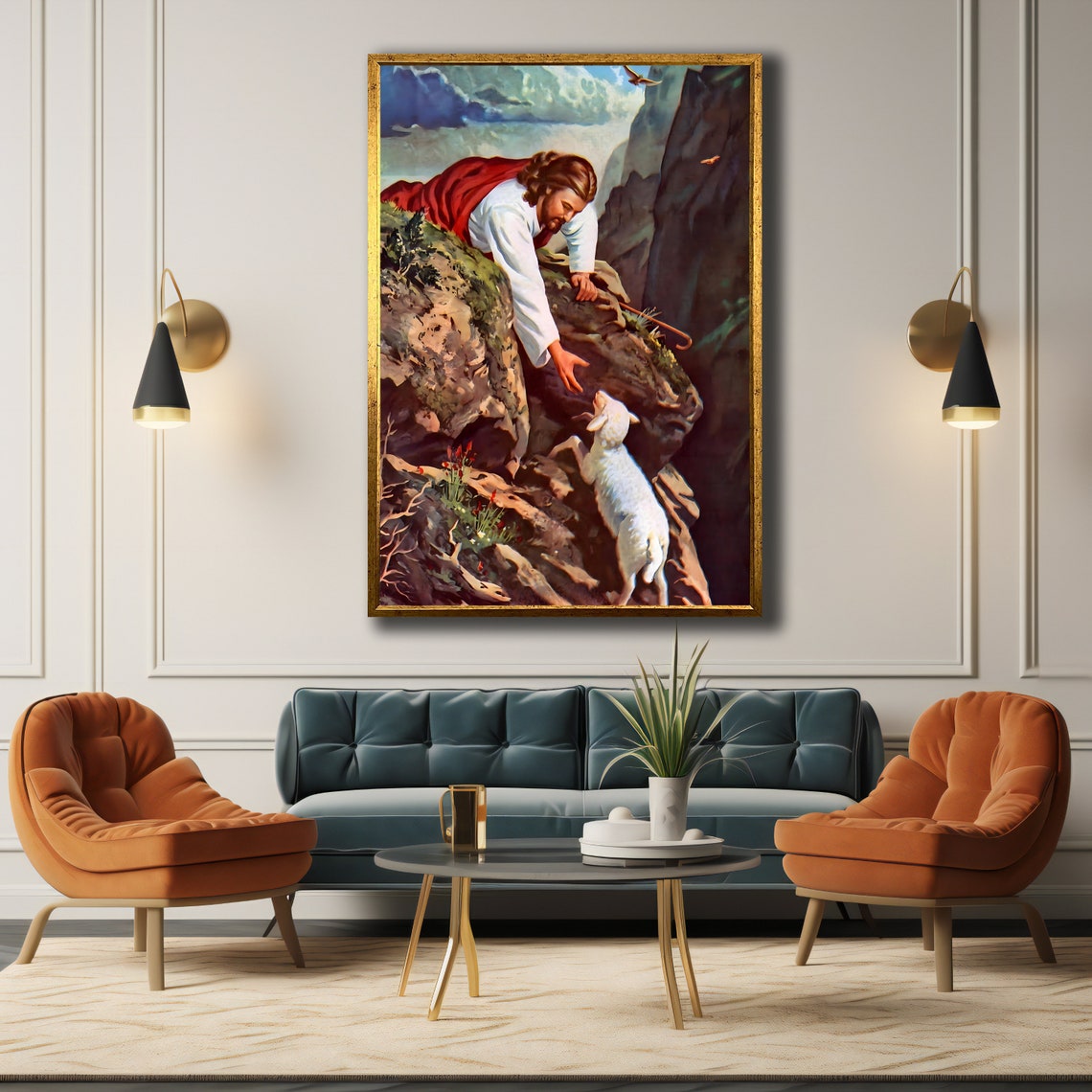 Jesus Reaching To Rescue Lost Lamb On Rocky Cliff Christian Art Poster - Image 2