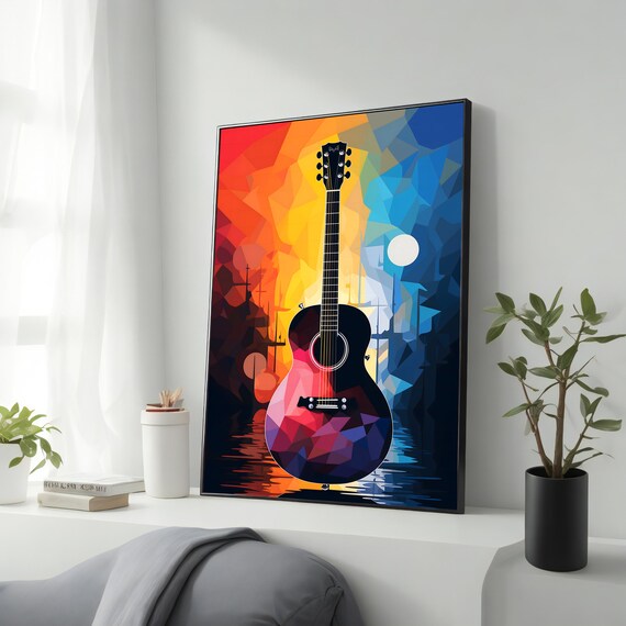 Geometric Low Poly Acoustic Guitar Sunset Sunrise Music Wall Art Poster