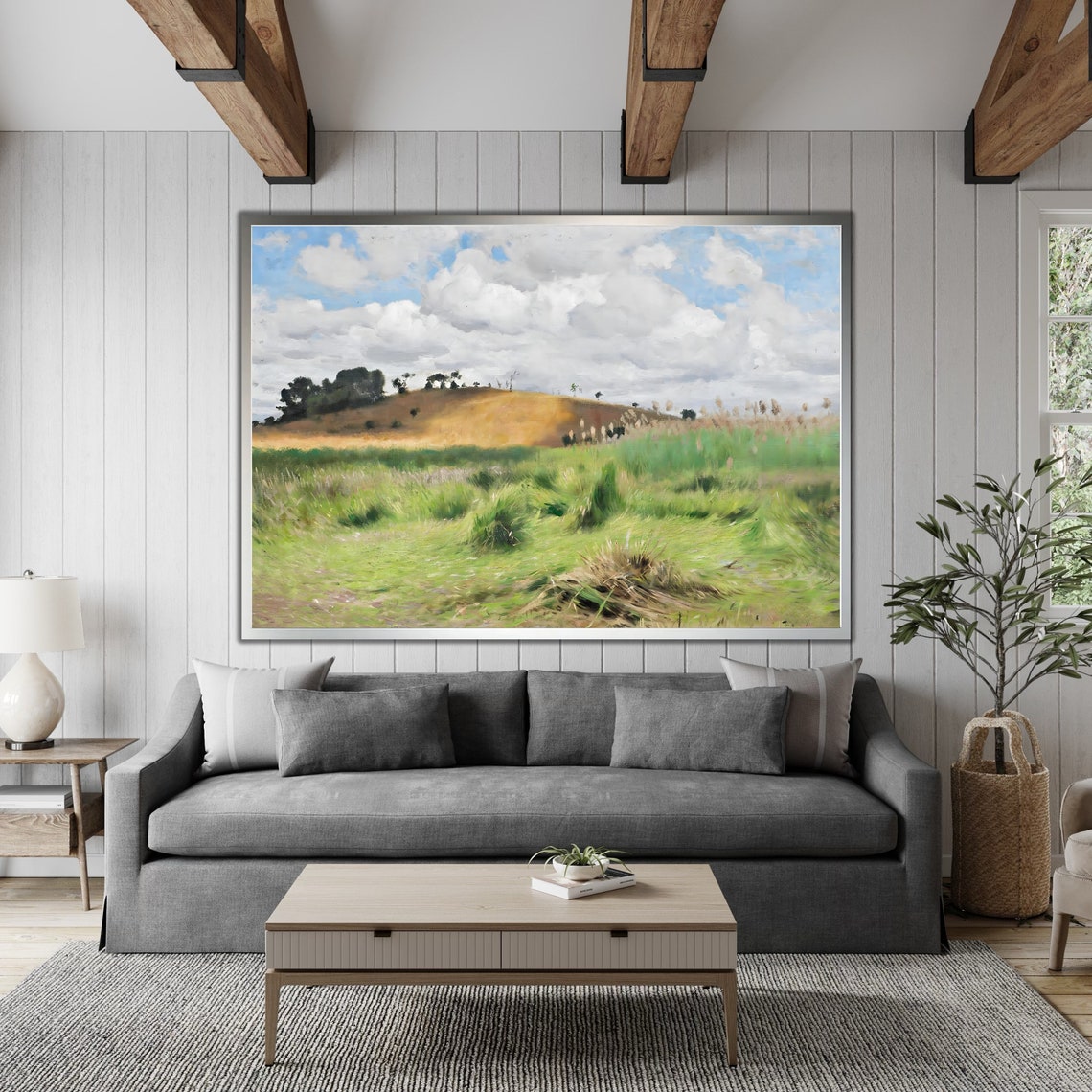 Lush Green Marsh Meadow Golden Hill Impressionist Landscape Art Poster - Image 4