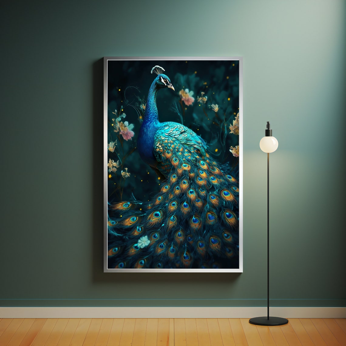 Majestic Blue Peacock Full Tail Feathers Dark Floral Animal Art Poster - Image 4