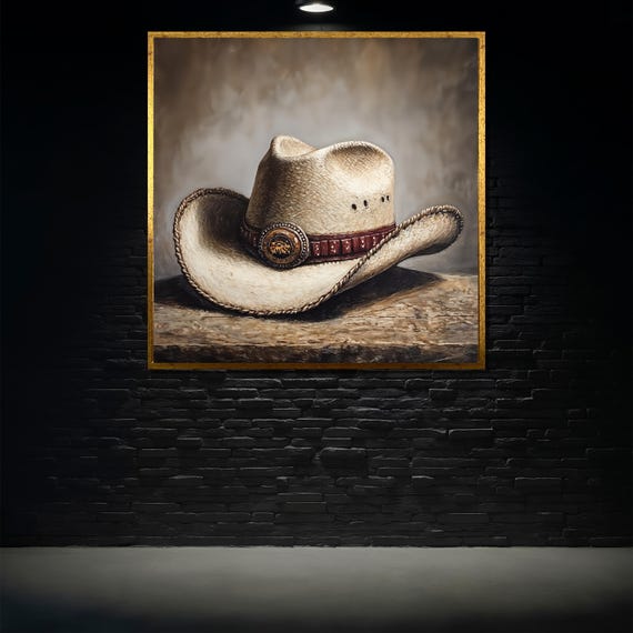 Cowboy Hat Painting Western Wall Art Rustic Country Decor Vintage Style Print Gift For Him Large Farmhouse Artwork