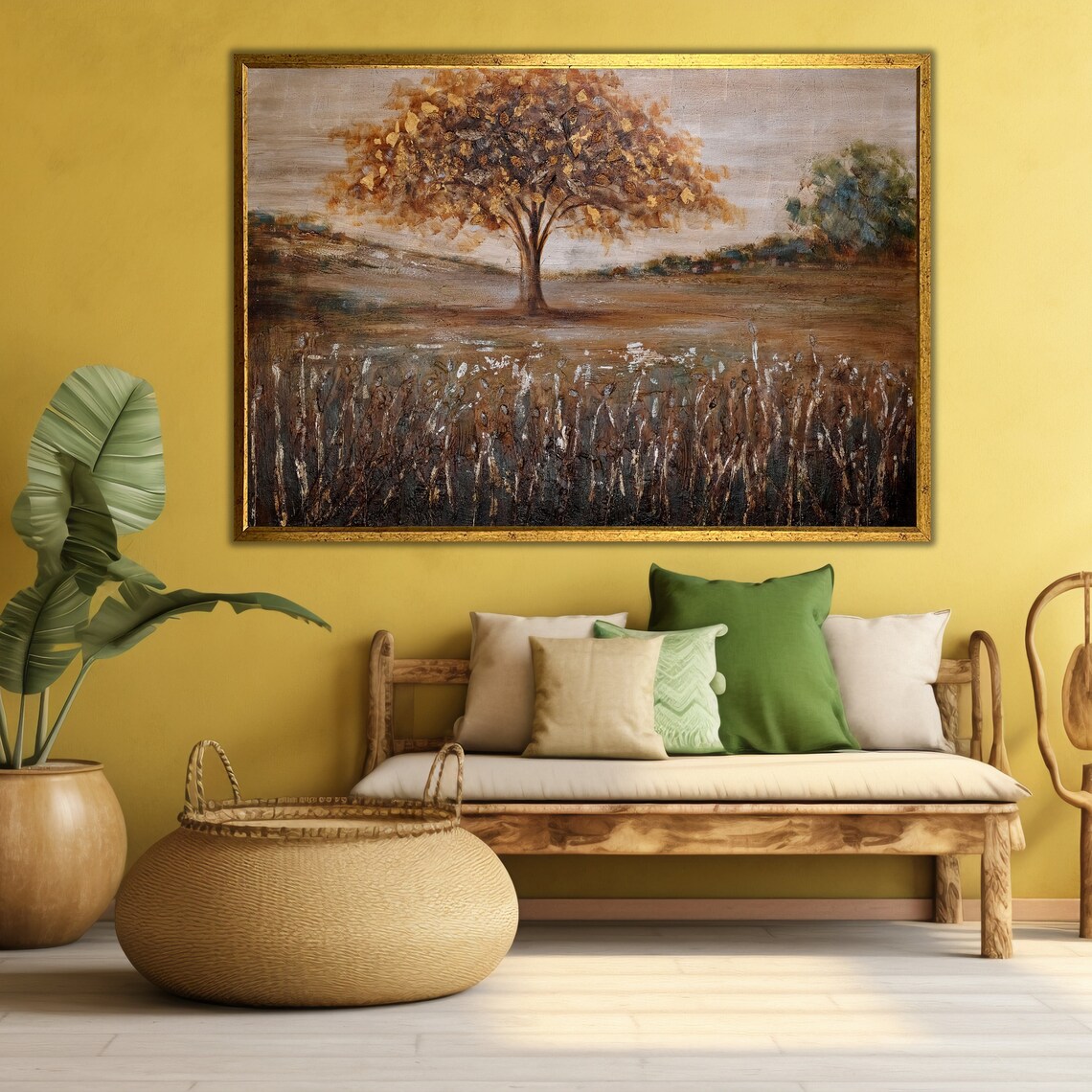 Golden Autumn Tree Field Textured Earth Tone Landscape Art Poster - Image 3