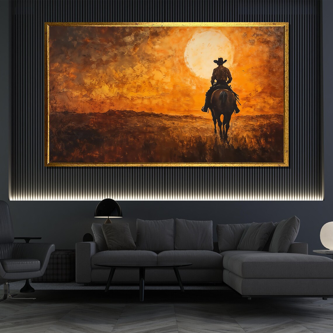 Western Cowboy Sunset Horse Ride Fiery Orange Sky Oil Painting Poster