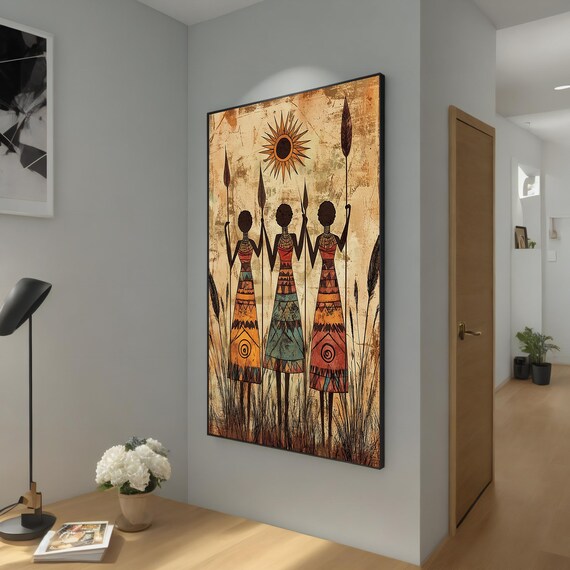 African Tribal Women Painting Abstract Cultural Wall Decor Colorful Boho Art Print Ethnic Sun Design Ready To Hang Gift Idea