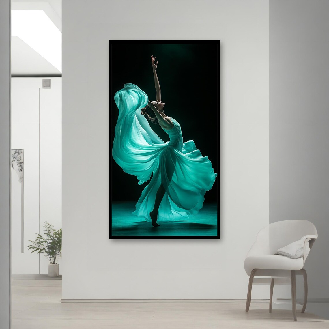 Ballet Dancer In Flowing Turquoise Dress Dramatic Dark Stage Elegant Poster - Image 2