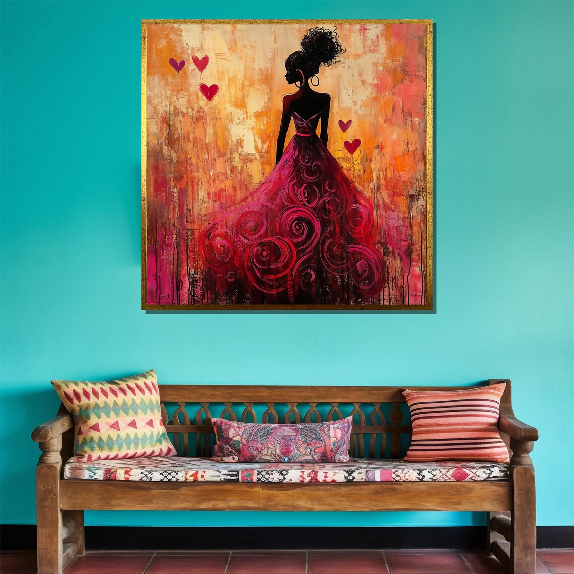 Elegant Woman Red Dress Silhouette Hearts Abstract Fashion Wall Poster - Image 4