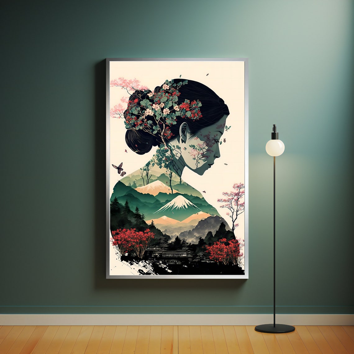 Woman Profile Silhouette Mount Fuji Pagoda Cherry Blossom Art Poster - Image 4