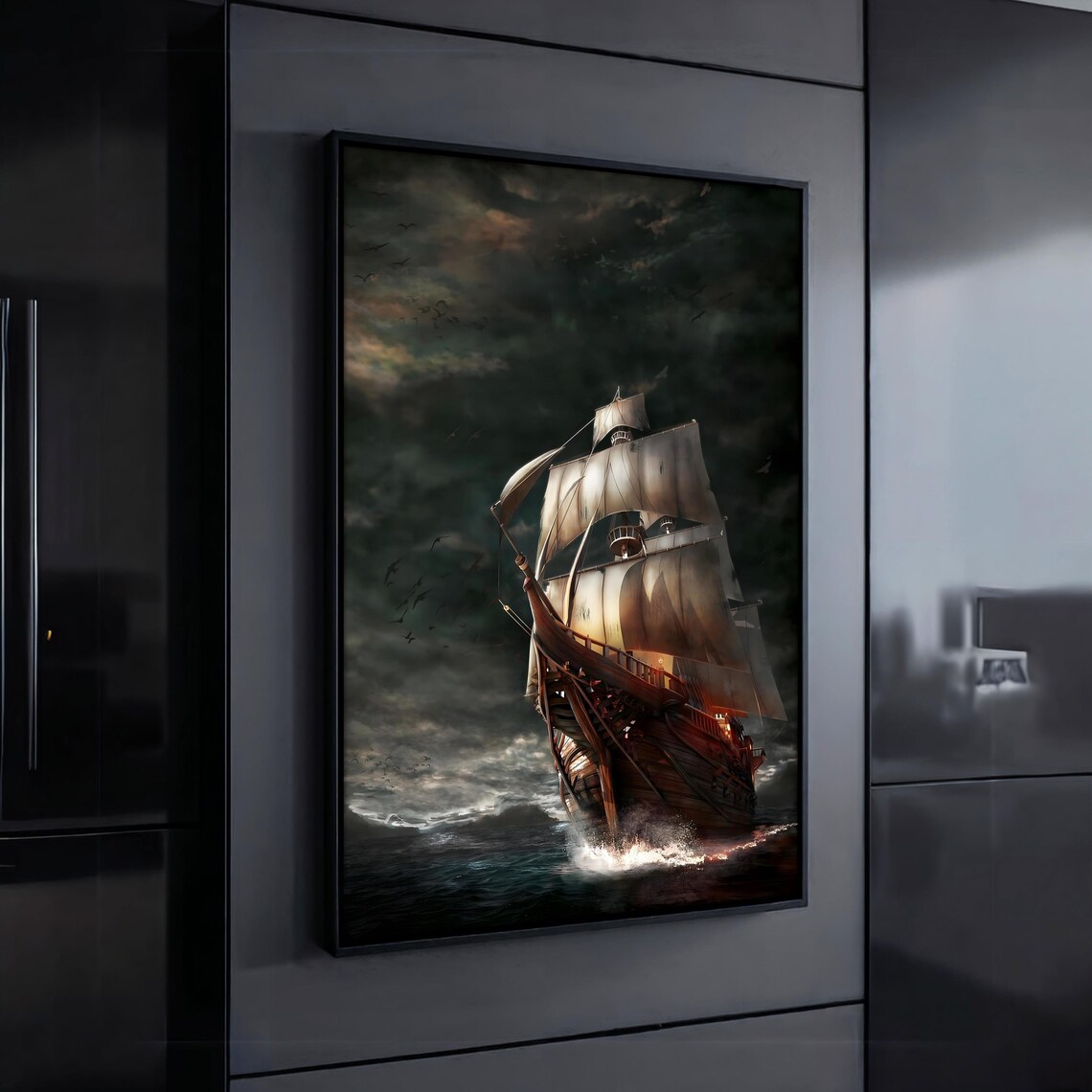 Tall Ship Stormy Sea Dramatic Nautical Sailing Painting Poster